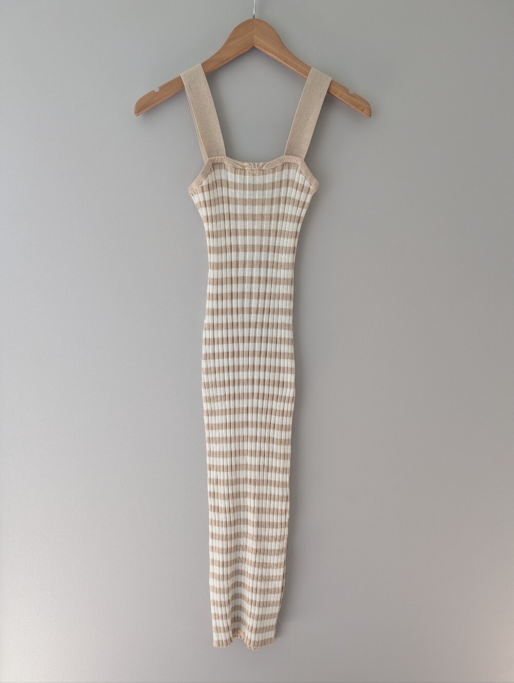 NWT Merokeety Beige Cream Striped Ribbed Knit Midi Dress S Square Neck - Picture 3 of 8